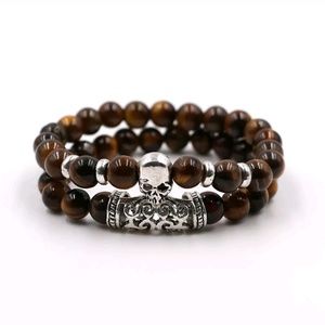 NWOT Silver Skull Beaded Tigers Eye Bracelet Set